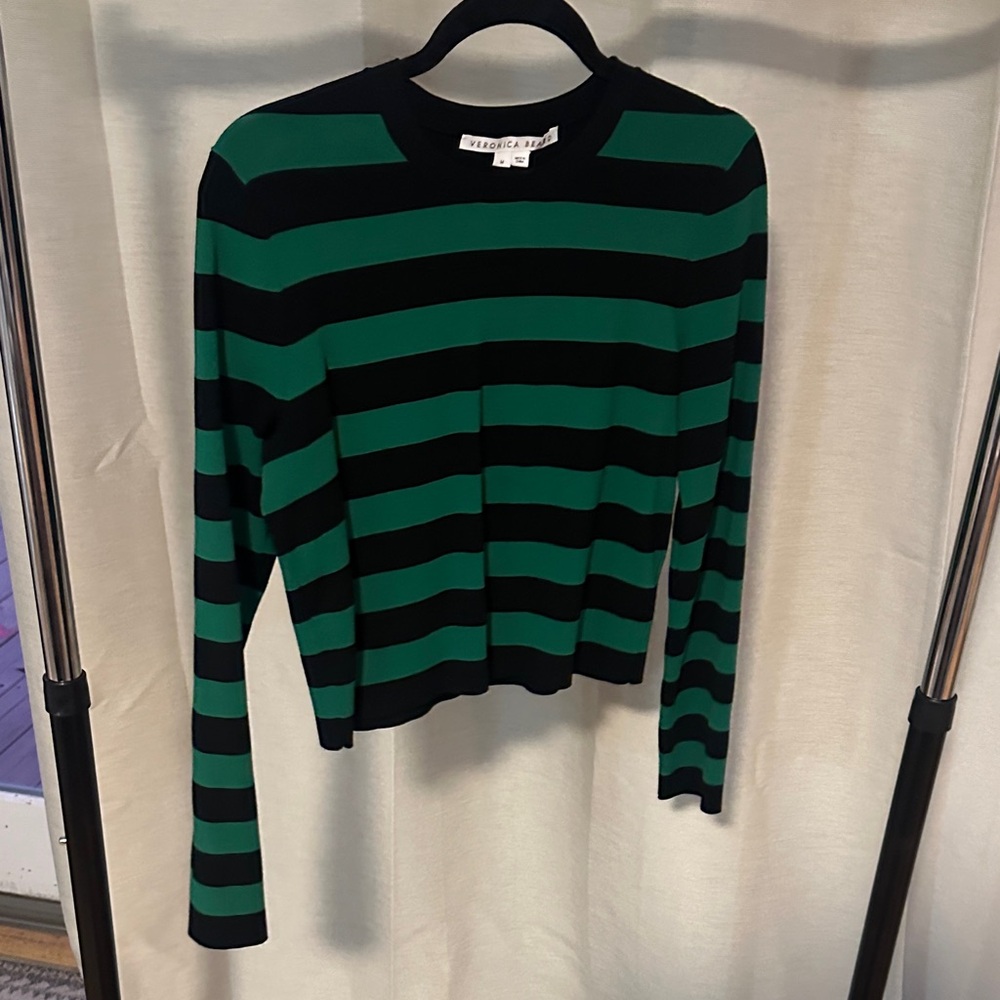 VERONICA BEARD Crop Black and Green Striped Long Sleeve Top- Size Medium - Picture 5 of 5